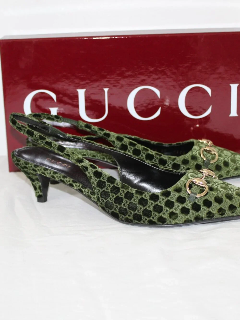 NEW Gucci GG Velvet Slingback Pointed Toe Kitten Heel Pumps Horsebit 40 835978